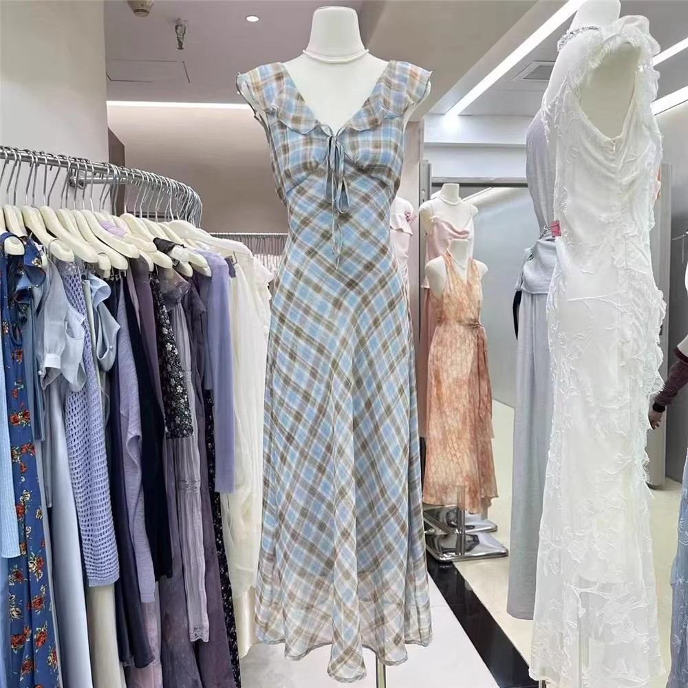 Fly Line - Elegant Summer Gingham Dress Women's Slimming